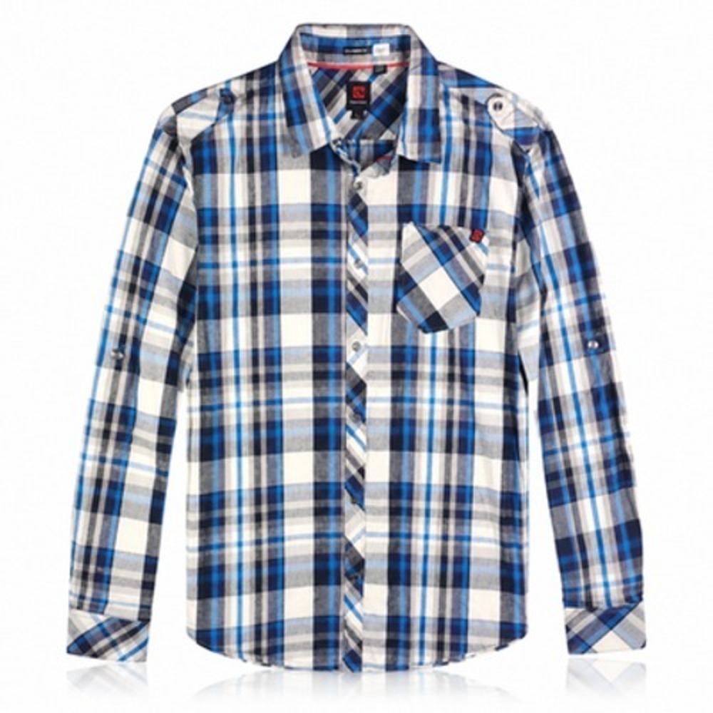 Ocean Current Shirt Mens L Blue Plaid Cotton Epaulet Roll Tab Button Up